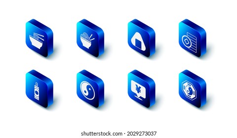 Set Asian noodles in bowl, Sushi, Chinese Yuan currency, Yin Yang, Firework and  icon. Vector