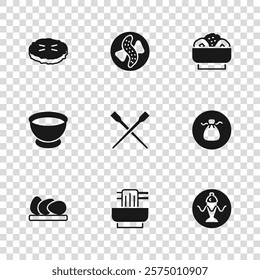 Set Asian noodles in bowl, Wonton, Served fish plate, Food chopsticks, Chow mein, Homemade pie, cucumber and Soy sauce icon. Vector