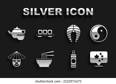 Set Asian noodles in bowl, Yin Yang, China flag, Firework, Chinese man, Fish steak, ceremony and Sushi cutting board icon. Vector