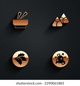 Set Asian noodles in bowl, Zongzi bamboo steamer, Dumpling and Kung Pao chicken icon with long shadow. Vector