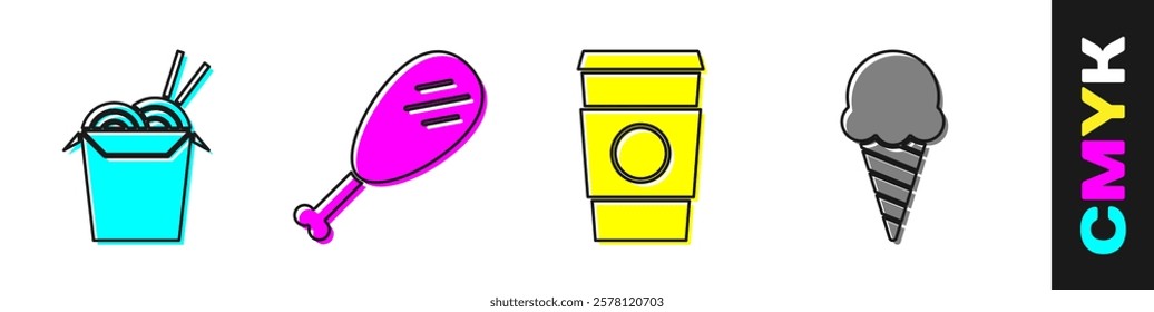 Set Asian noodles and chopsticks, Chicken leg, Coffee cup to go and Ice cream in waffle cone icon. Vector