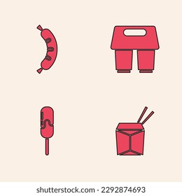 Set Asian noodles and chopsticks, Hotdog, Coffee cup to go and Ice cream icon. Vector