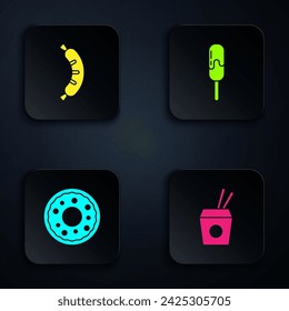 Set Asian noodles and chopsticks, Hotdog, Donut and Ice cream. Black square button. Vector