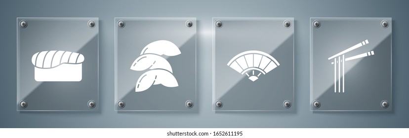 Set Asian noodles and chopsticks, Paper chinese or japanese folding fan, Chinese fortune cookie and Sushi. Square glass panels. Vector