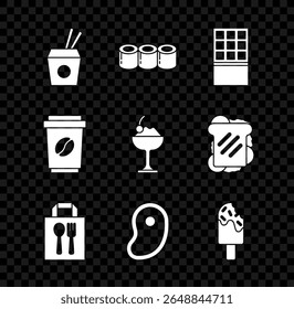 Set Asian noodles and chopsticks, Sushi, Chocolate bar, Online ordering delivery, Steak meat, Ice cream, Coffee cup to go and bowl icon. Vector