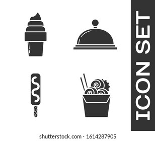 Set Asian noodles in paper box and chopsticks, Ice cream in waffle cone, Ice cream and Covered with a tray of food icon. Vector