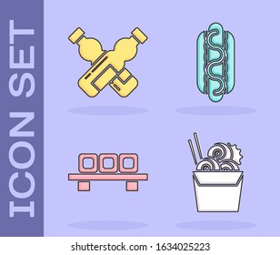 Set Asian noodles in paper box and chopsticks, Crossed bottle of water, Sushi on cutting board and Hotdog sandwich with mustard icon. Vector