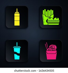 Set Asian noodles in paper box and chopsticks, Sauce bottle, Paper glass with drinking straw and water and Burger and french fries in carton package box. Black square button. Vector
