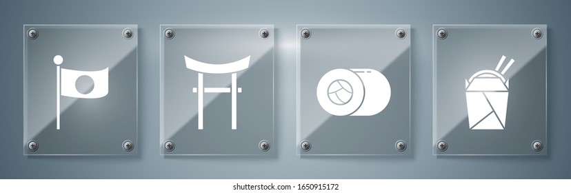 Set Asian noodles in paper box and chopsticks, Sushi, Japan Gate and National flag of Japan on pole. Square glass panels. Vector
