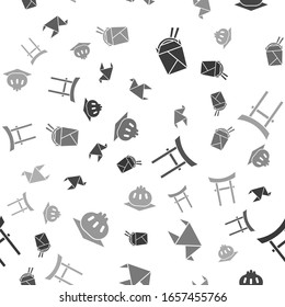 Set Asian noodles in paper box and chopsticks, Origami bird, Japan Gate and Khinkali on cutting board on seamless pattern. Vector