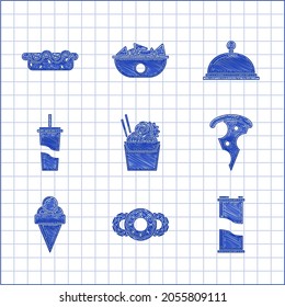 Set Asian noodles in paper box and chopsticks, Soda can, Slice of pizza, Ice cream waffle cone, Paper glass drinking straw water, Covered tray food and Hotdog sandwich mustard icon. Vector