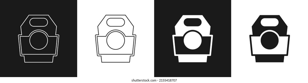 Set Asian noodles in paper box icon isolated on black and white background. Street fast food. Korean, Japanese, Chinese food.  Vector