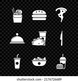 Set Asian Noodles In Paper Box And Chopsticks, Burger, Slice Of Pizza, Paper Glass With Drinking Straw Water, Nachos Plate, Burger, Covered Tray Food And Taco Tortilla Icon. Vector