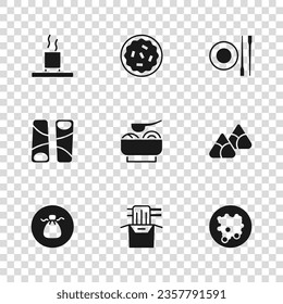 Set Asian noodles in paper box, Zongzi bamboo steamer, Rice bowl, Ramen soup, Food chopsticks with plate, Cup of, Homemade pie and Guotie icon. Vector