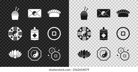 Set Asian noodles in paper box and chopsticks, Yin Yang envelope, Sushi, Lotus flower, Chinese Yuan currency,  and Firework icon. Vector