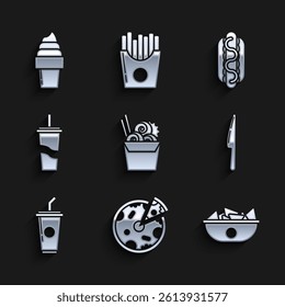 Set Asian noodles in paper box and chopsticks, Pizza, Nachos plate, Knife, Paper glass with drinking straw water, Hotdog sandwich mustard and Ice cream waffle cone icon. Vector