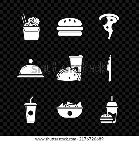 Set Asian noodles in paper box and chopsticks, Burger, Slice of pizza, Paper glass with drinking straw water, Nachos plate, burger, Covered tray food and taco tortilla icon. Vector