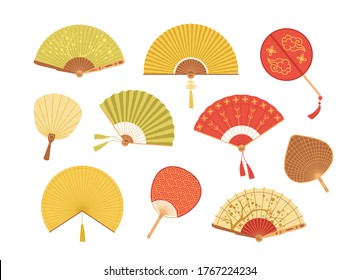 Set of Asian paper and textile fans vector illustration. Collection of colorful realistic Japan and Chinese traditional accessories isolated on white. Vintage folding fan with design elements