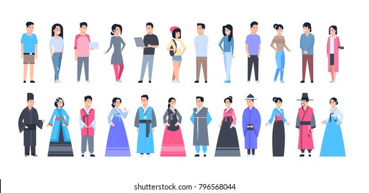 Set Of Asian People Wearing Traditional Costumes And Modern Clothes Full Length Isolated Vector Illustration