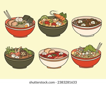 Set of Asian soups. Сollection of traditional noodles soup of ramen, tom yum, etc. Restaurant menus. Gastronomy. Traditional cuisine food. Vector illustration of hot dishes on a white background.