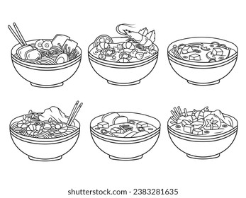 Sopas asiáticas. С colección de sopa de fideos tradicionales de ramen, tom yum, etc. Menús de restaurante. Gastronomía. Cocina tradicional. Ilustración vectorial de platos calientes de fondo blanco.