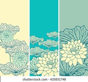 a set of Asian style floral bookmarks with lotus flowers and leaves in ivory and blue shades