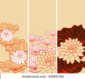a set of Asian style floral bookmarks with lotus flowers and leaves in red, white, ivory and brown shades