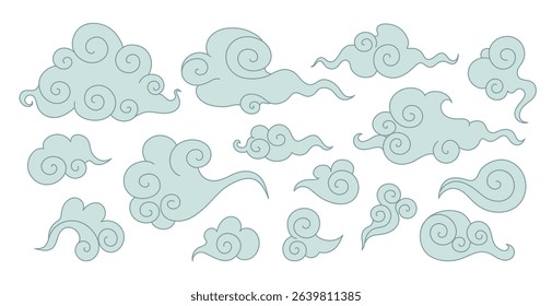 Set of Asian swirl clouds. Hand drawn celestial Chinese doodle clouds. Vector illustration