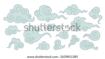 Set of Asian swirl clouds. Hand drawn celestial Chinese doodle clouds. Vector illustration
