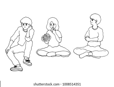 set of asian teenagers boy and girl sitting activities, vector hand drawing