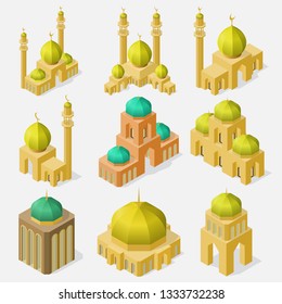 Set of asian temples in isometric view.