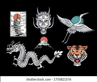 Set of Asian theme vector illustrations: Temple, dragon, crane bird, mountain fuji and dragon.