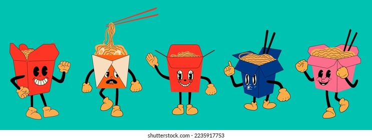 Set of Asian wok box with ramen noodles. Cute cartoon character with hands, legs, eyes. Retro comic style. Hand drawn isolated Vector illustration. Print, logo template