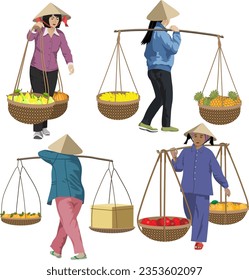 Set of asian woman carrying a basket