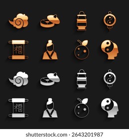 Set Asian woman, Chinese paper lantern, Yin Yang symbol, Peach fruit or nectarine, New Year, Magic fog smoke and tea ceremony icon. Vector