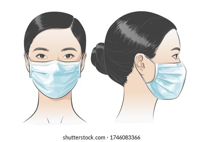 Set Of Asian Woman Wearing Disposable Medical Surgical Mask. Two Dimensional Angles. Different View Front, Profile Side View Of A Girl Face. Vector Line Sketch Illustration.