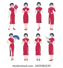 Set of Asian woman wearing traditional cheongsam qipao dress with Chinese lantern,  tangyuan,red envelopes,incense sticks,   in Various Poses ,isolated on white background in flat style	