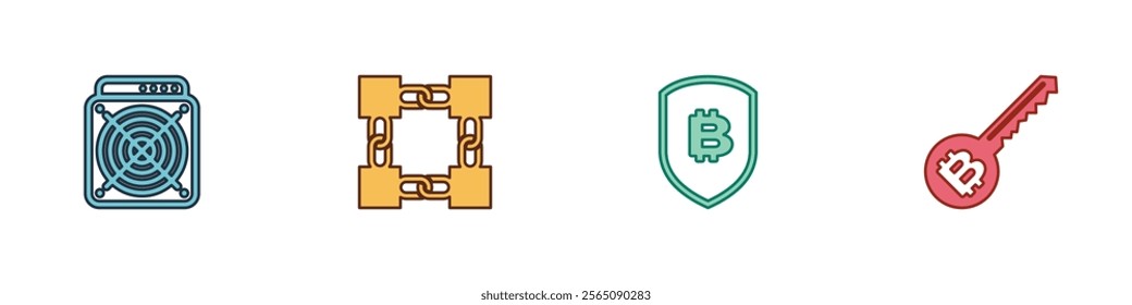 Set ASIC Miner, Blockchain technology, Shield with bitcoin and Cryptocurrency key icon. Vector