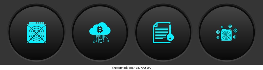 Set ASIC Miner, Cryptocurrency cloud mining, Smart contract and icon. Vector.