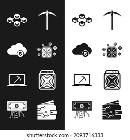 Set ASIC Miner, Cryptocurrency cloud mining, Blockchain technology, Pickaxe, Mining with laptop and pickaxe and  icon. Vector