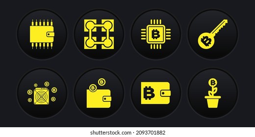 Set ASIC Miner, Cryptocurrency key, wallet, , CPU mining farm and Blockchain technology icon. Vector