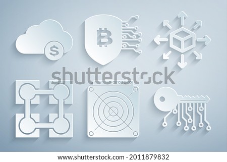 Set ASIC Miner, Distribution, Blockchain technology, Cryptocurrency key, Shield with bitcoin and cloud mining icon. Vector