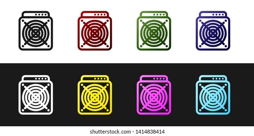 Set ASIC Miner icon isolated on black and white background. Cryptocurrency mining equipment and hardware. Application specific integrated circuit. Vector Illustration