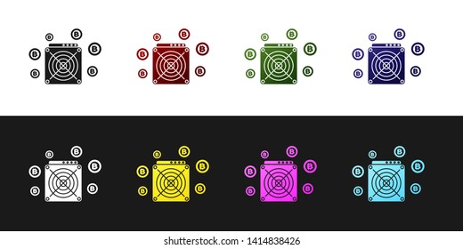 Set ASIC Miner icon isolated on black and white background. Cryptocurrency mining equipment and hardware. Application specific integrated circuit. Vector Illustration