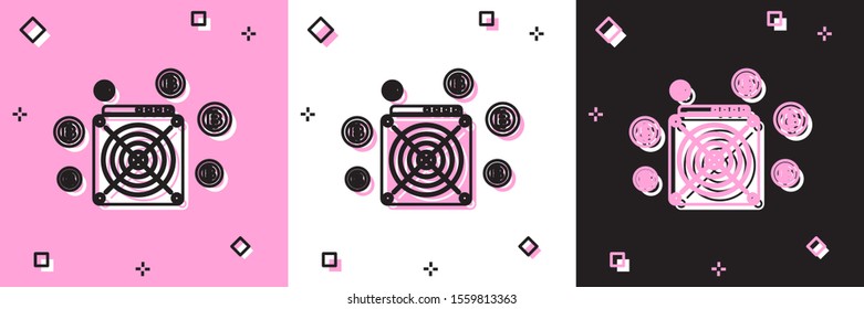 Set ASIC Miner icon isolated on pink and white, black background. Cryptocurrency mining equipment and hardware. Application specific integrated circuit.  Vector Illustration