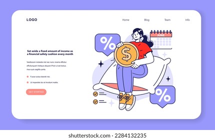 Set aside a fixed amount of income as a financial safety cushion every month to keep a family budget. Financial efficiency, budgeting and economy web banner or landing page. Flat vector illustration