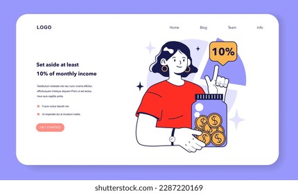 Set aside at least 10 percent of monthly income to keep a family budget. Household finance management web banner or landing page. Financial efficiency, budgeting and economy. Flat vector illustration