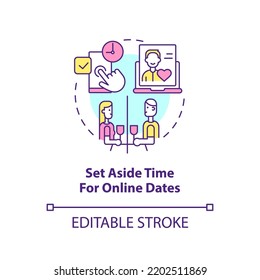 Set aside time for online dates concept icon. Surviving long-distance relationship abstract idea thin line illustration. Isolated outline drawing. Editable stroke. Arial, Myriad Pro-Bold fonts used