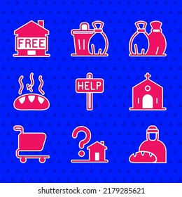 Set Ask For Help Text, House With Question Mark, Feeding The Homeless, Church Building, Shopping Cart, Donation Food, Garbage Bag And Shelter Icon. Vector