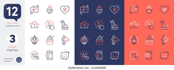 Set of Ask me, Weather phone and Map line icons. Include Love heart, Guard, Luggage belt icons. Discount button, Heart flame, Ice cream web elements. Smile chat, Clown, Puzzle. Love sweetheart. Vector